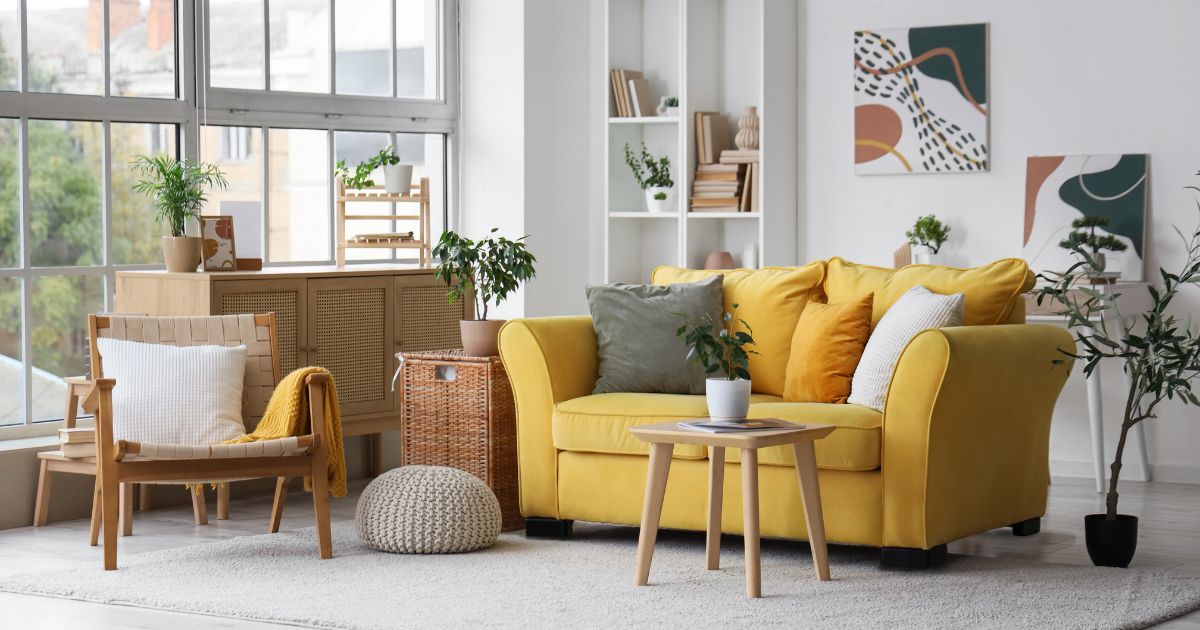Salón luminoso con sofá amarillo y decoración acogedora en vivienda en venta